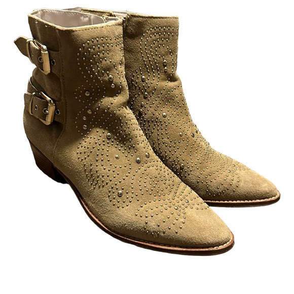 ZARA Tan Suede Gold Studded Point Toe Side Zip Double Buckle Bootie-Size 7.5 - Picture 6 of 16